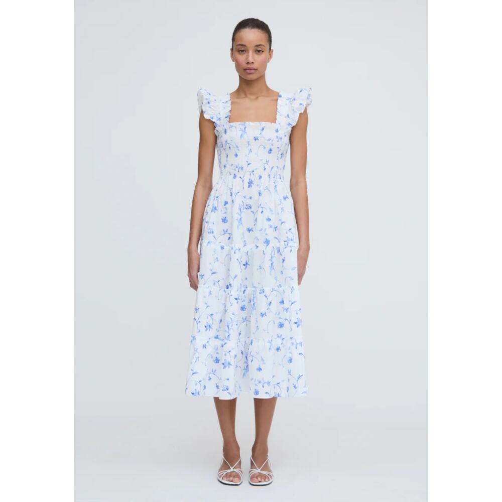 Hill House White Midi Dress with Blue Floral Print